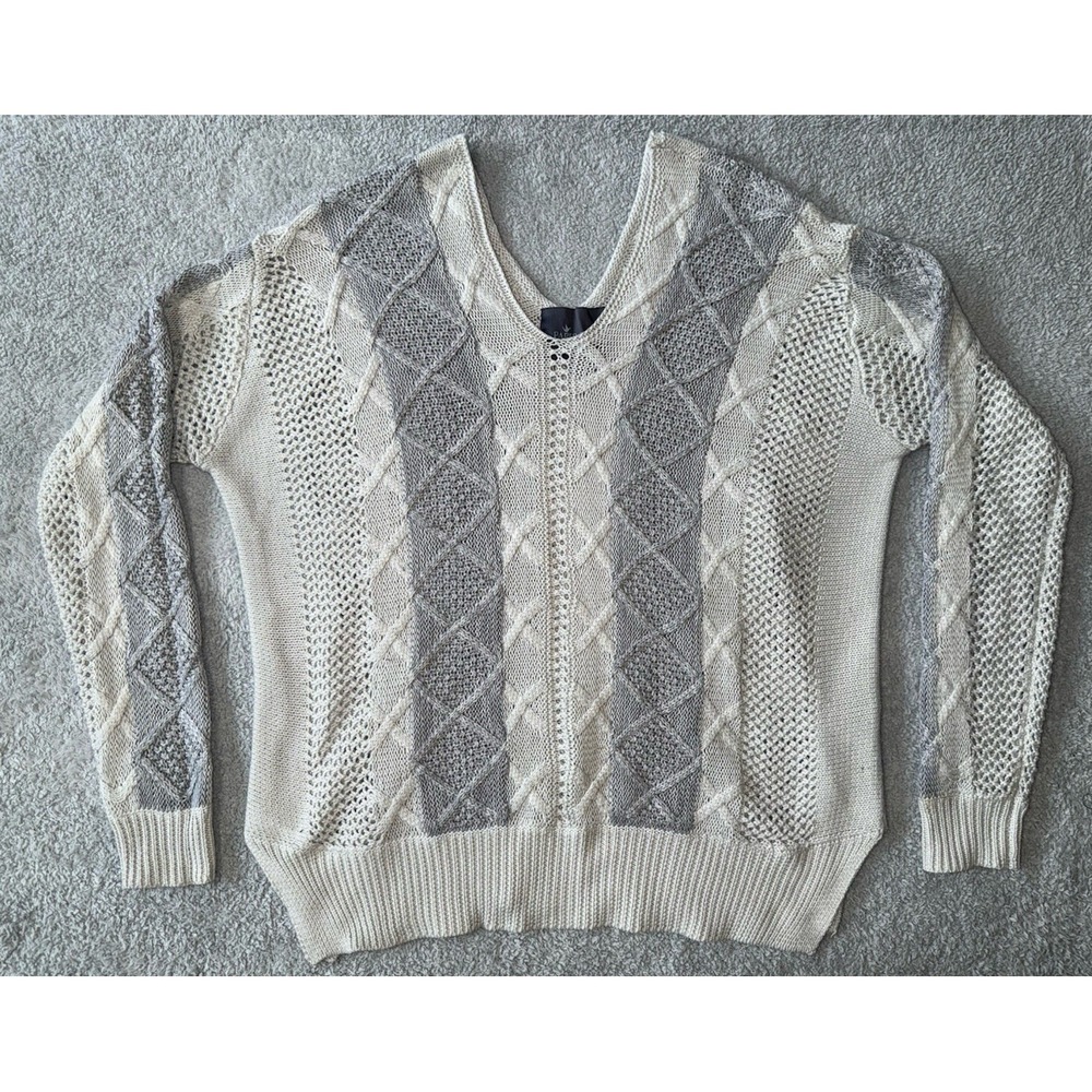 SALE - 3/$25 Paper Crane Womens Knit Sweater Top Size L Gray Striped V Neck
